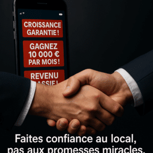 Deux personnes se serrent la main devant un smartphone affichant de fausses publicités, avec le message « Faites confiance au local, pas aux promesses miracles