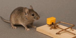 Une souris s’approche d’un morceau de fromage posé sur une tapette à souris, métaphore du piège numérique et des solutions web trompeuses.