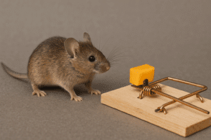 Une souris s’approche d’un morceau de fromage posé sur une tapette à souris, métaphore du piège numérique et des solutions web trompeuses.